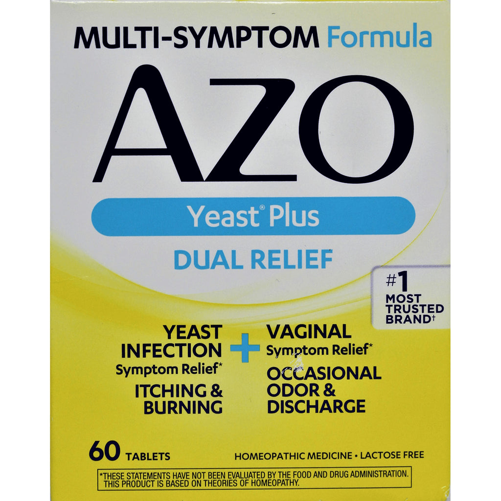 AMF001 | AZO Yeast Plus Dual Relief front packaging, 60 tablets, product name and symptom relief claims visible - Thumbnail