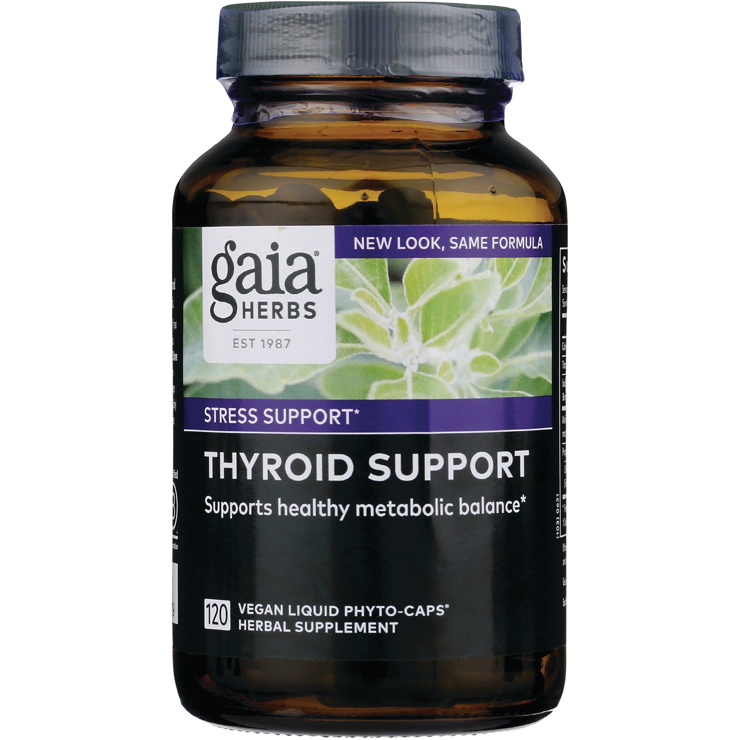 GH037 | Gaia Herbs Thyroid Support bottle front label, supports healthy metabolic balance, 120 vegan liquid phyto-caps