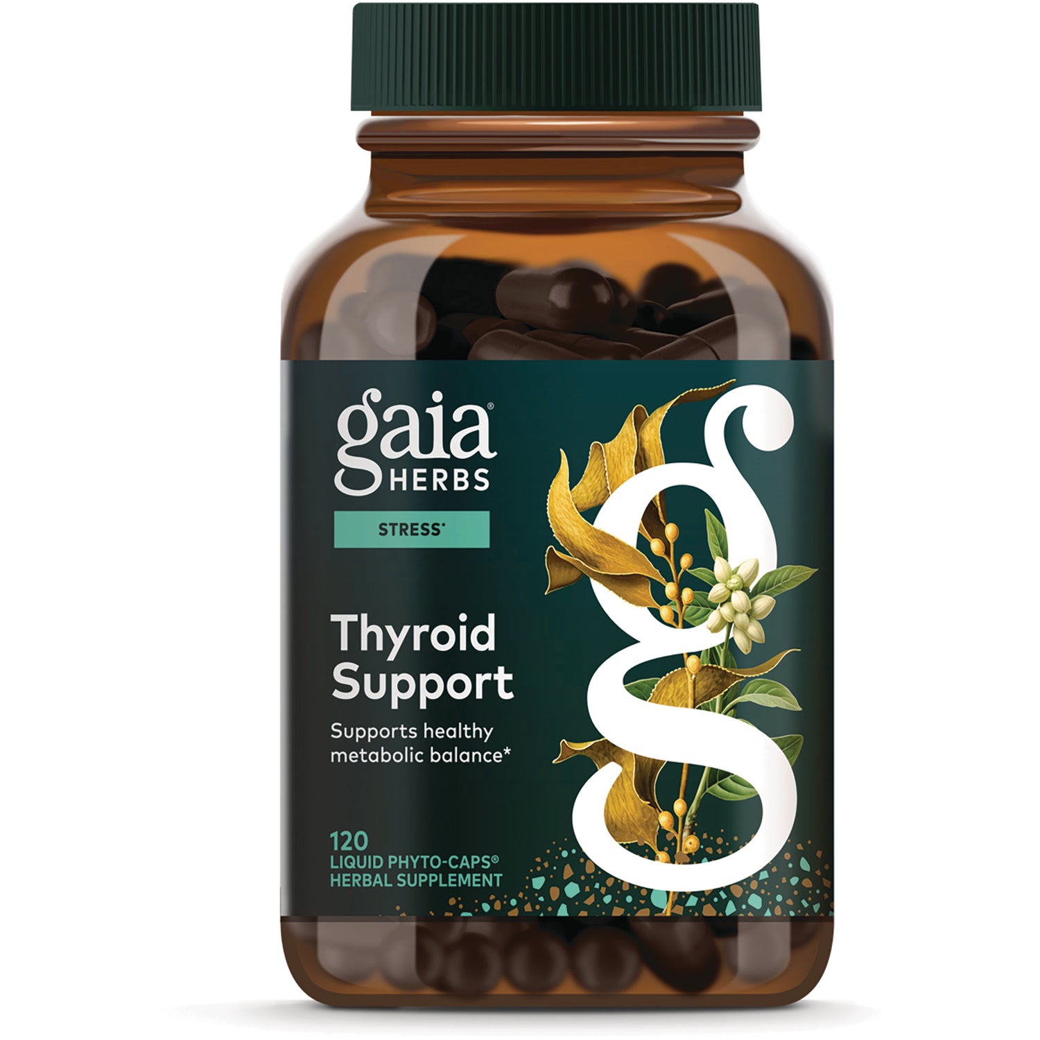 GH037 | Gaia Herbs Thyroid Support bottle front label, supports healthy metabolic balance, 120 vegan liquid phyto-caps