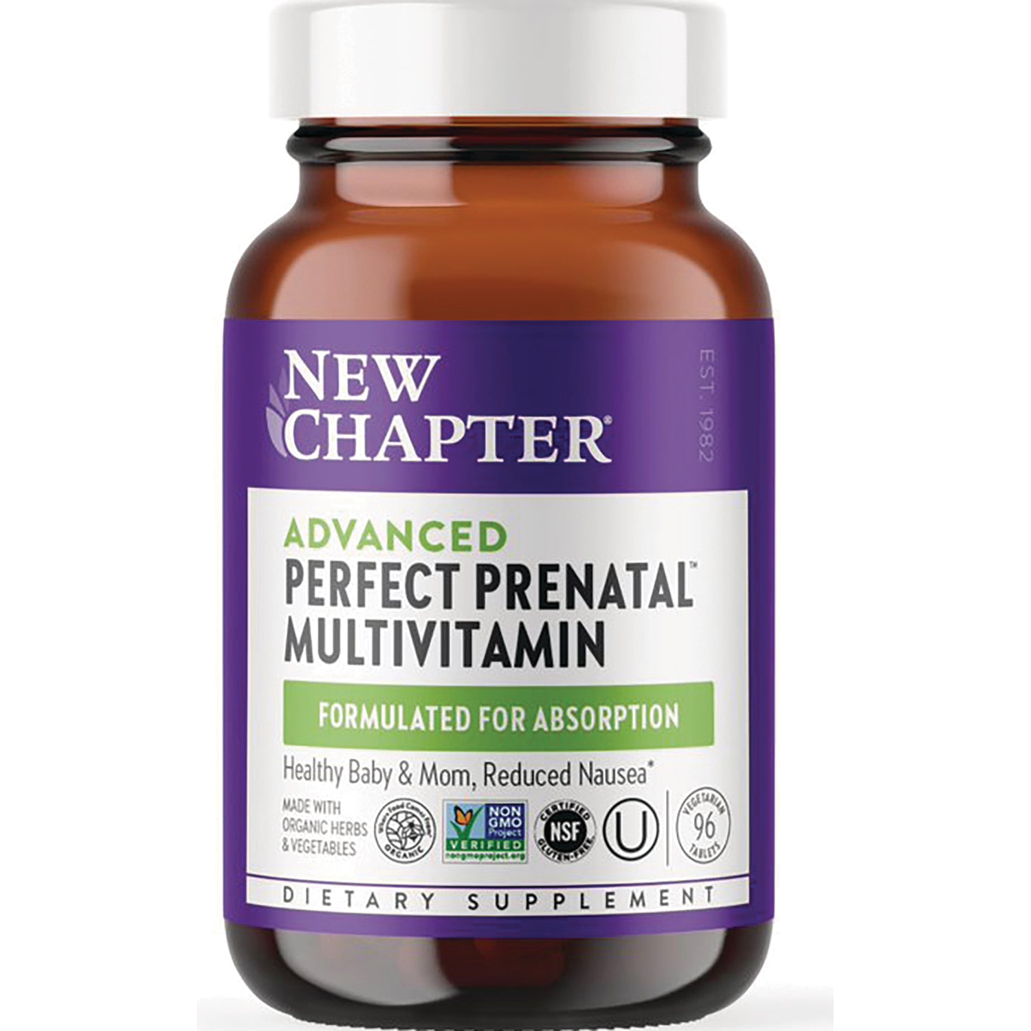 NWC147 | New Chapter Advanced Perfect Prenatal multivitamin brown bottle with purple front label