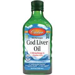 CSN010 | Carlson Wild Norwegian Cod Liver Oil 8.4 fl oz bottle labeled 1,100 mg Omega-3s + Vitamins A & D3