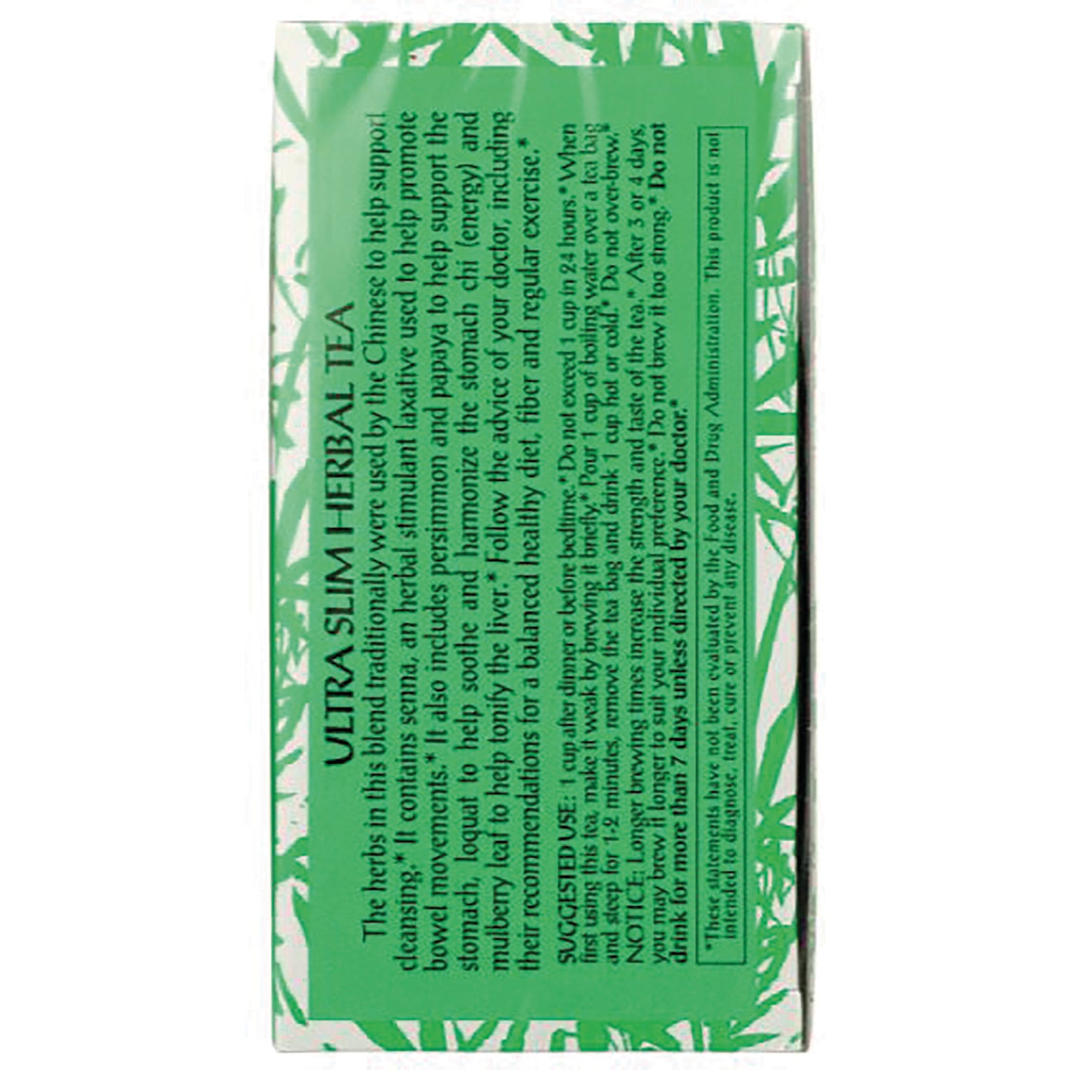 TLT009 | Back panel of green Ultra Slim Herbal Tea box showing ingredients, suggested use, and warnings