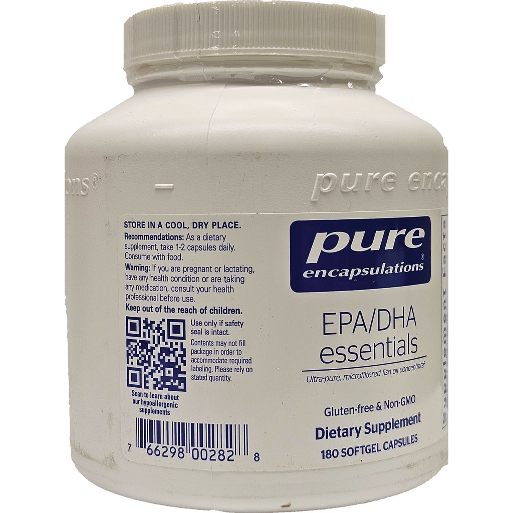 PRN045 | Back label of Pure Encapsulations EPA/DHA essentials with usage directions, QR code and barcode - Thumbnail