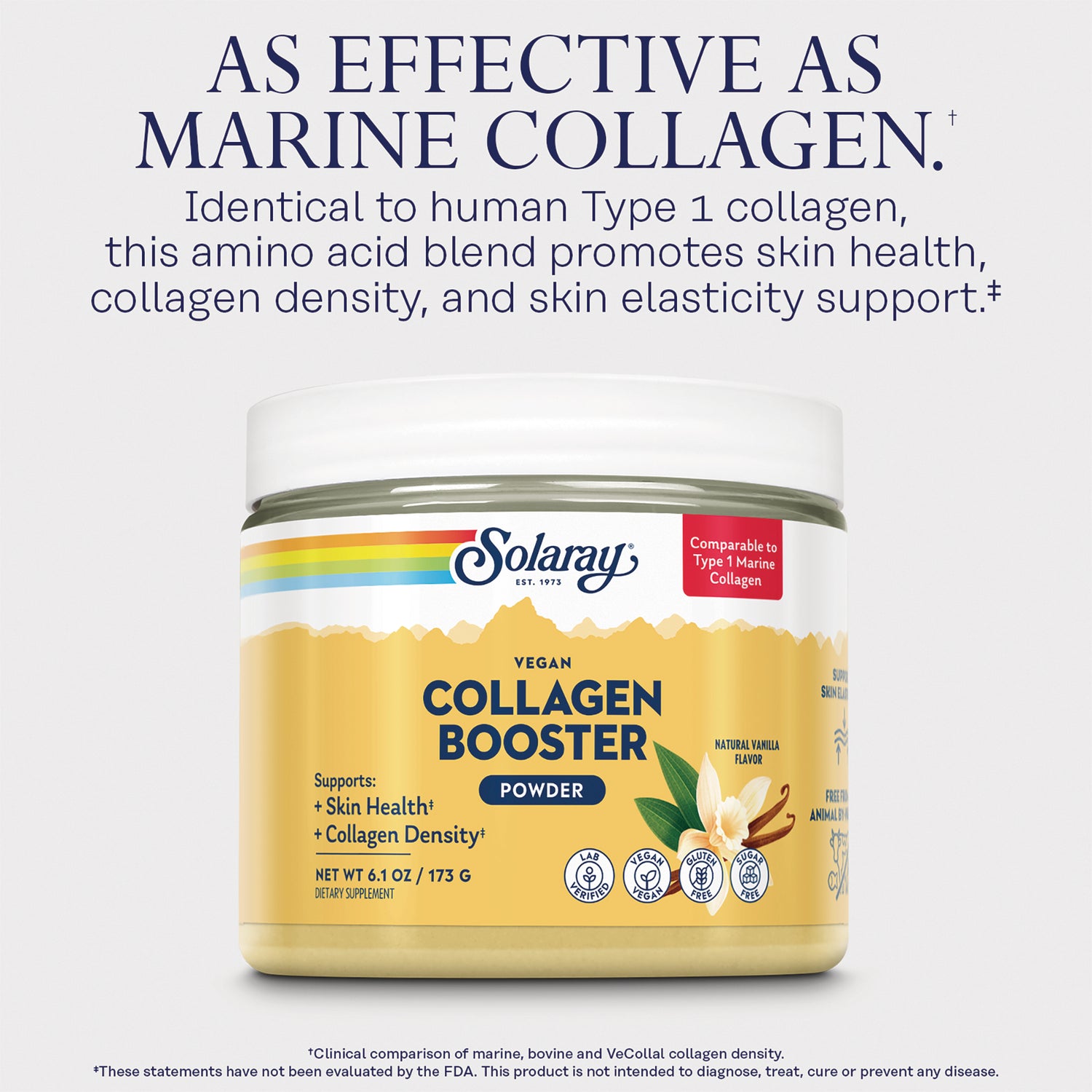 SLR542 | Solaray vegan Collagen Booster powder jar with yellow label and vanilla flower graphic