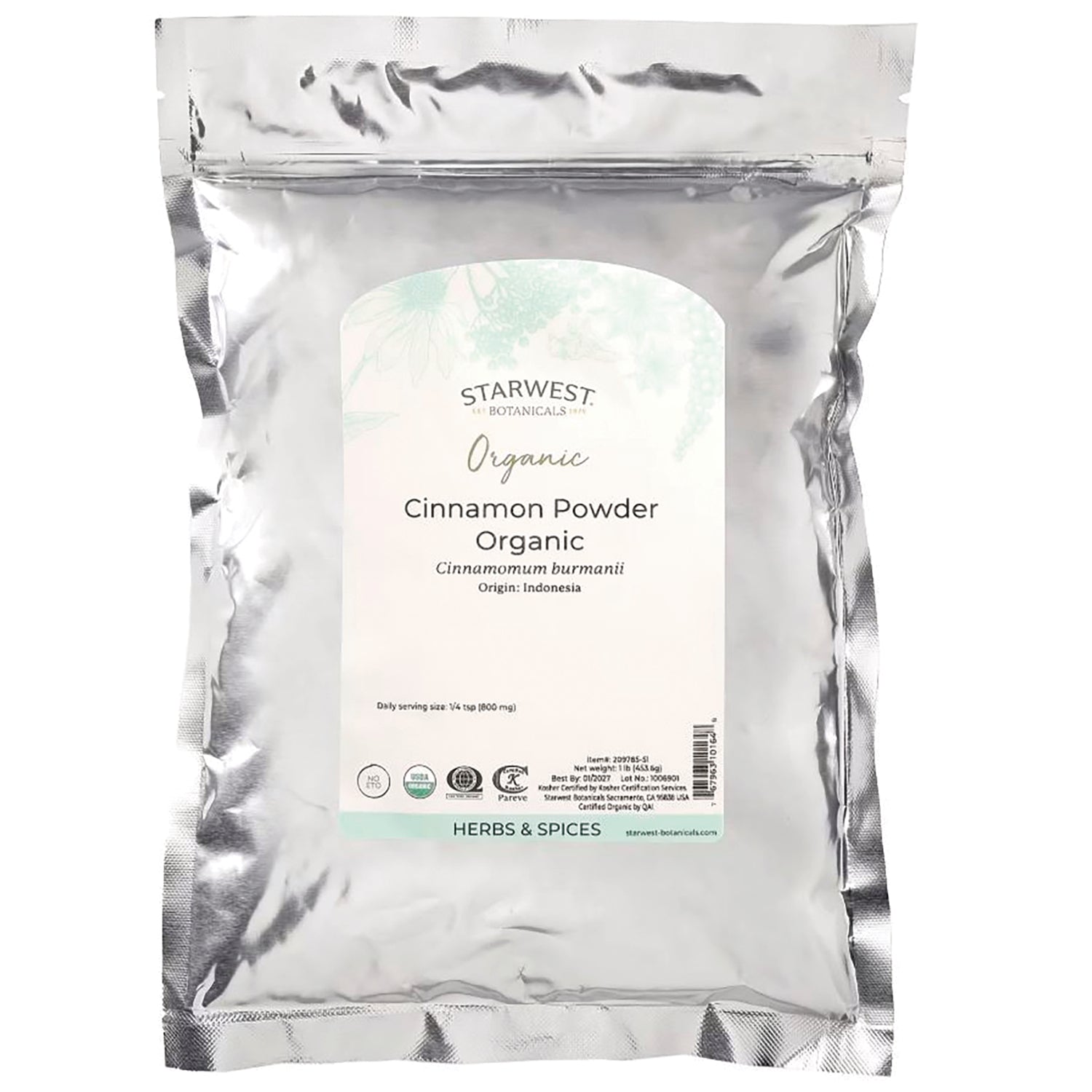 STB005 | Starwest Botanicals Organic Cinnamon Powder front pouch, Cinnamomum burmanii, Origin Indonesia