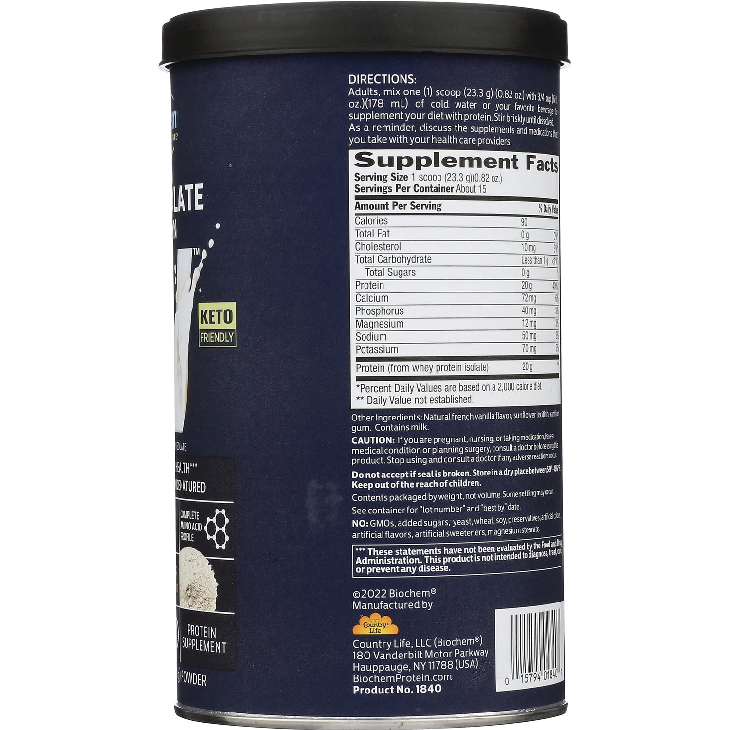 CRL232 | Back of navy supplement can showing Supplement Facts panel, directions, ingredients and barcode