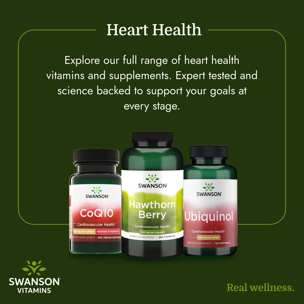 SW773 | Swanson Vitamins heart health infographic with CoQ10, Hawthorn Berry, and Ubiquinol bottles - Thumbnail