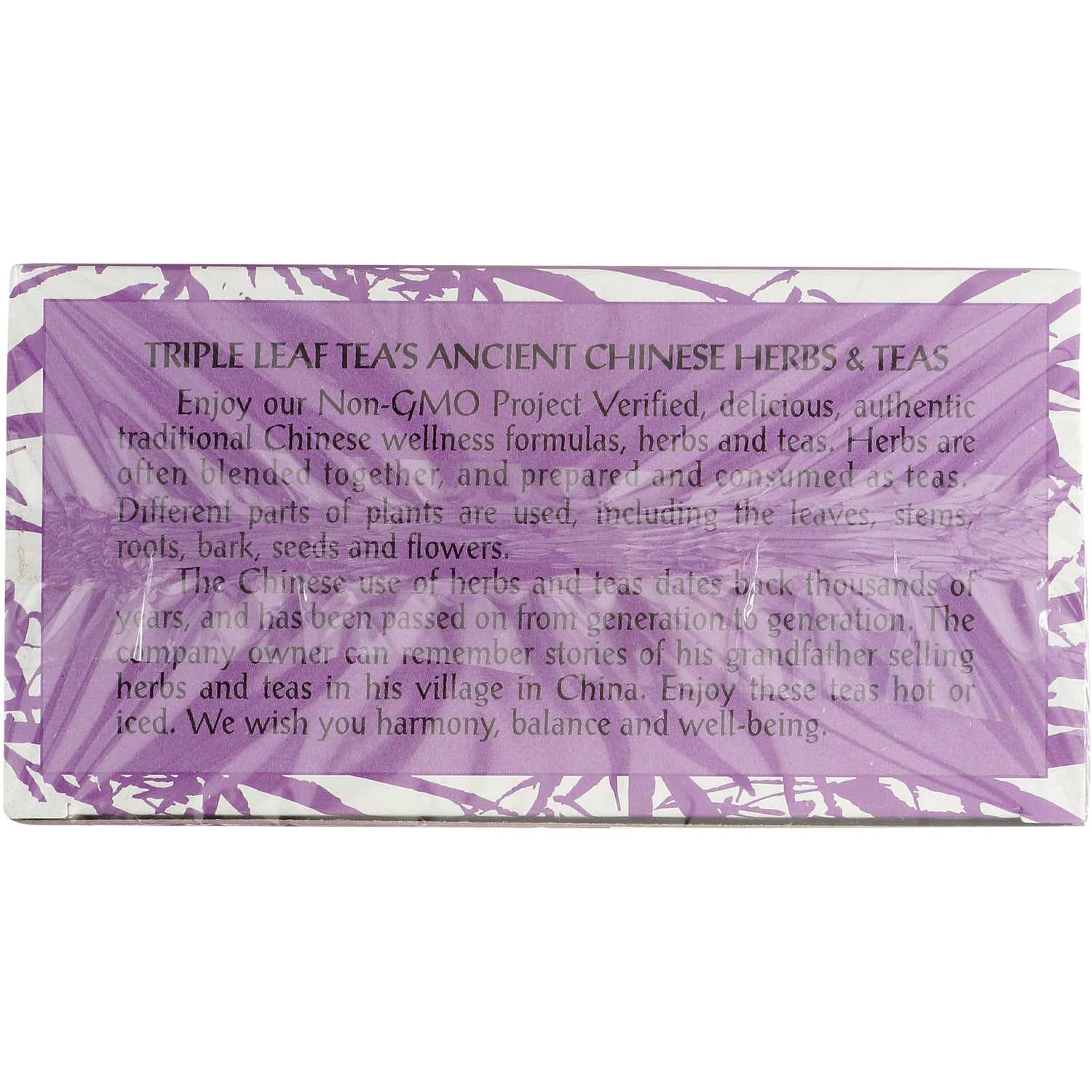 TLT016 | Triple Leaf Teas Ancient Chinese Herbs & Teas panel with Non-GMO Project Verified text