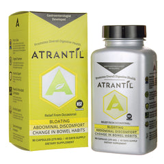 ATL002 | Atrantil supplement front-facing bottle and yellow product box showing relief claims for bloating and abdominal discomfort