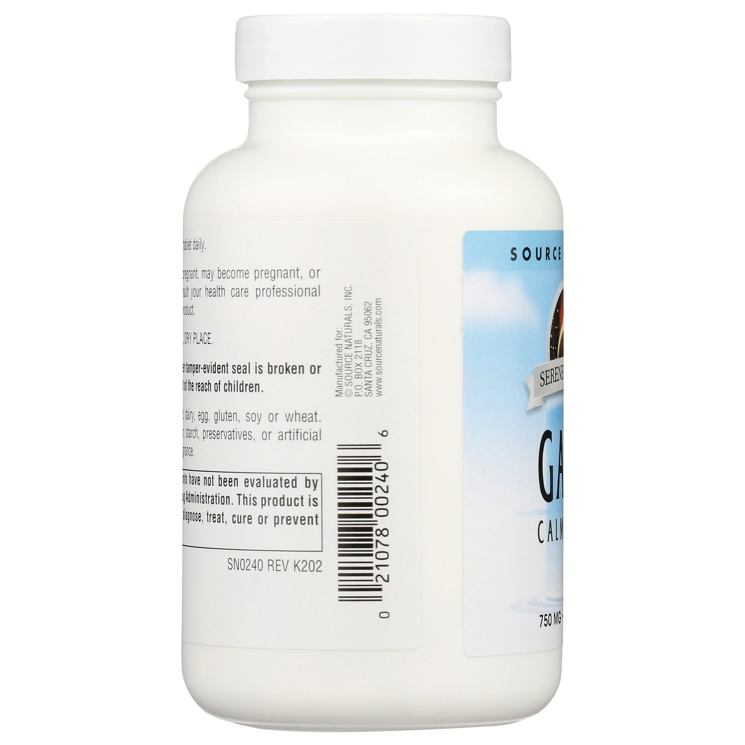 SN290 | Source Naturals GABA Calm bottle side label with barcode, warnings, and manufacturer info