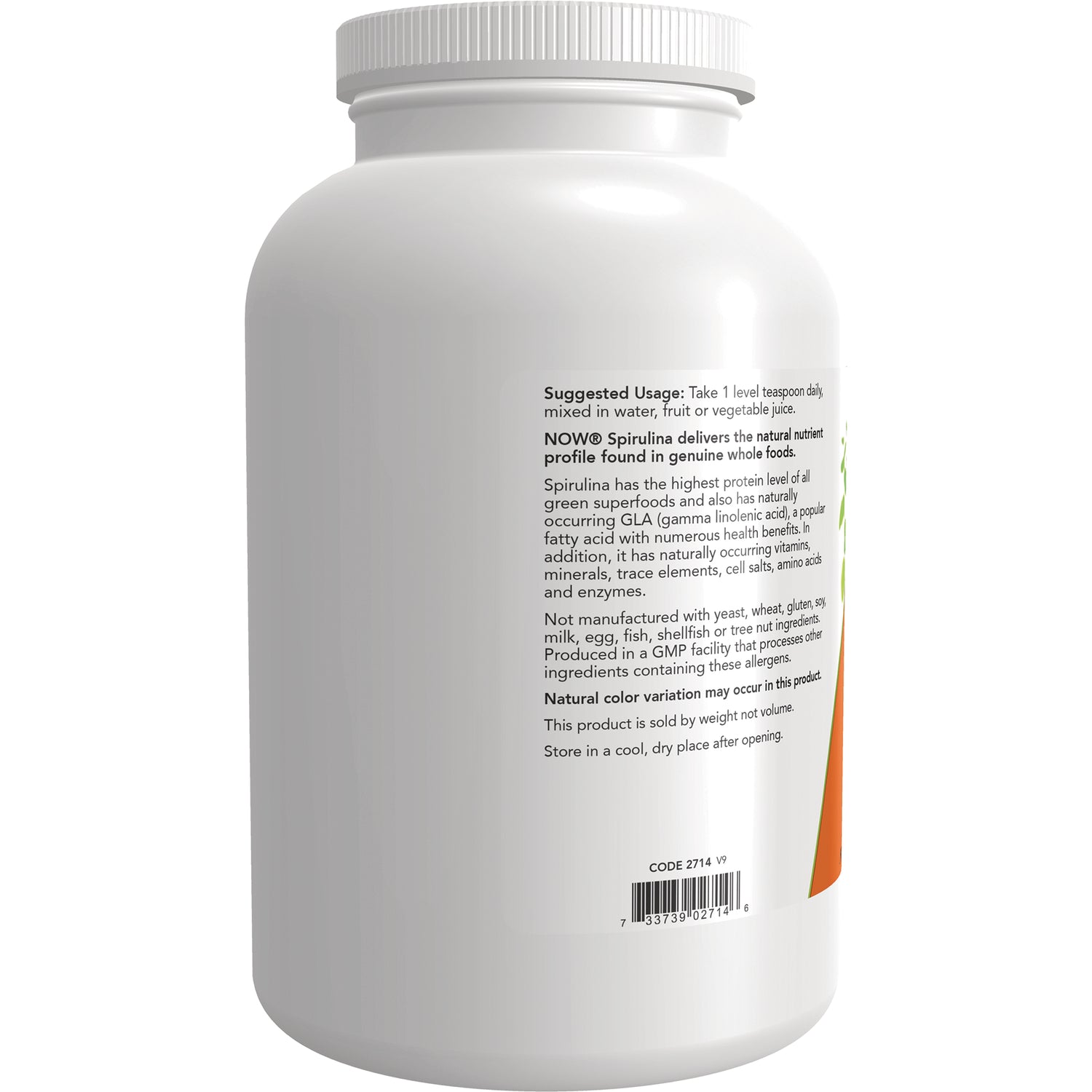 NWF911 | back of white supplement jar showing ingredient and usage label, barcode and storage instructions