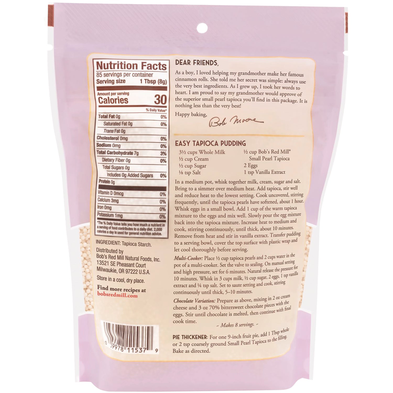 BOB413 | Back of pink pouch showing nutrition facts, ingredients, tapioca pudding recipe and barcode