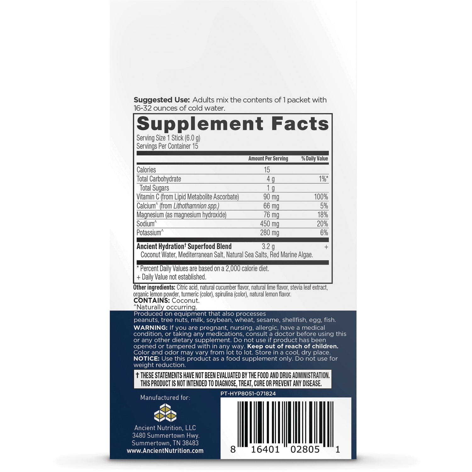 ATN143 | back of supplement packet showing Supplement Facts panel, ingredients, warnings and barcode