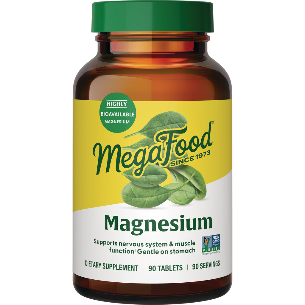 MGF047 | MegaFood Magnesium dietary supplement bottle front with green cap and label reading Magnesium 90 tablets - Thumbnail