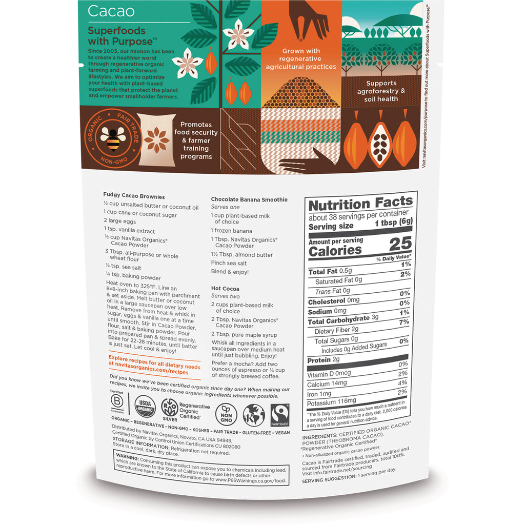 NAV029 | Back of cacao powder pouch showing nutrition facts panel, ingredients, recipes, and certifications - Thumbnail
