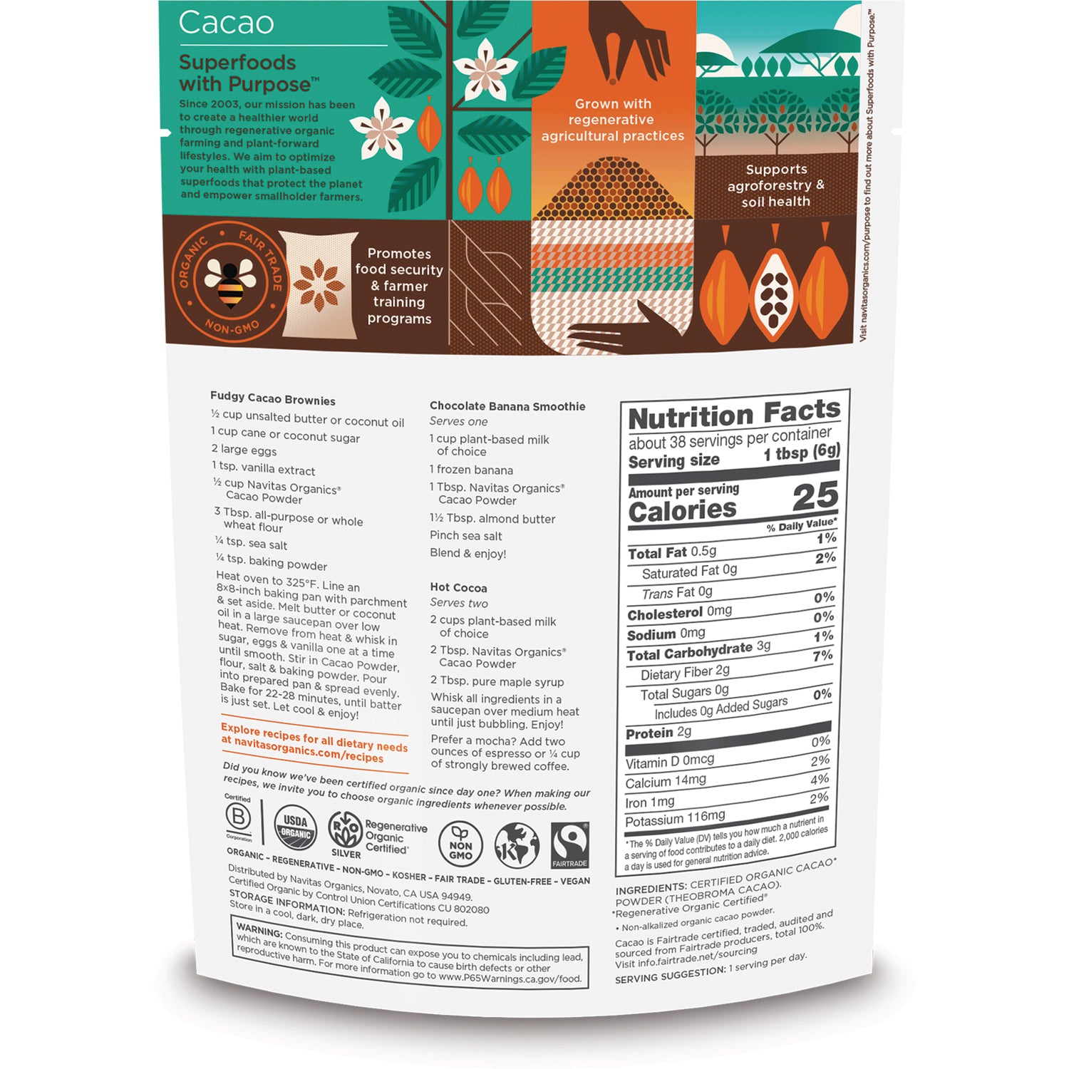 NAV029 | Back of cacao powder pouch showing nutrition facts panel, ingredients, recipes, and certifications