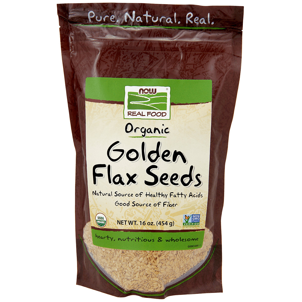 NWF080 | NOW Real Food organic Golden Flax Seeds 16 oz resealable pouch with window showing seeds