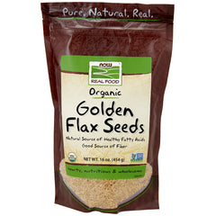 NWF080 | NOW Real Food organic Golden Flax Seeds 16 oz resealable pouch with window showing seeds