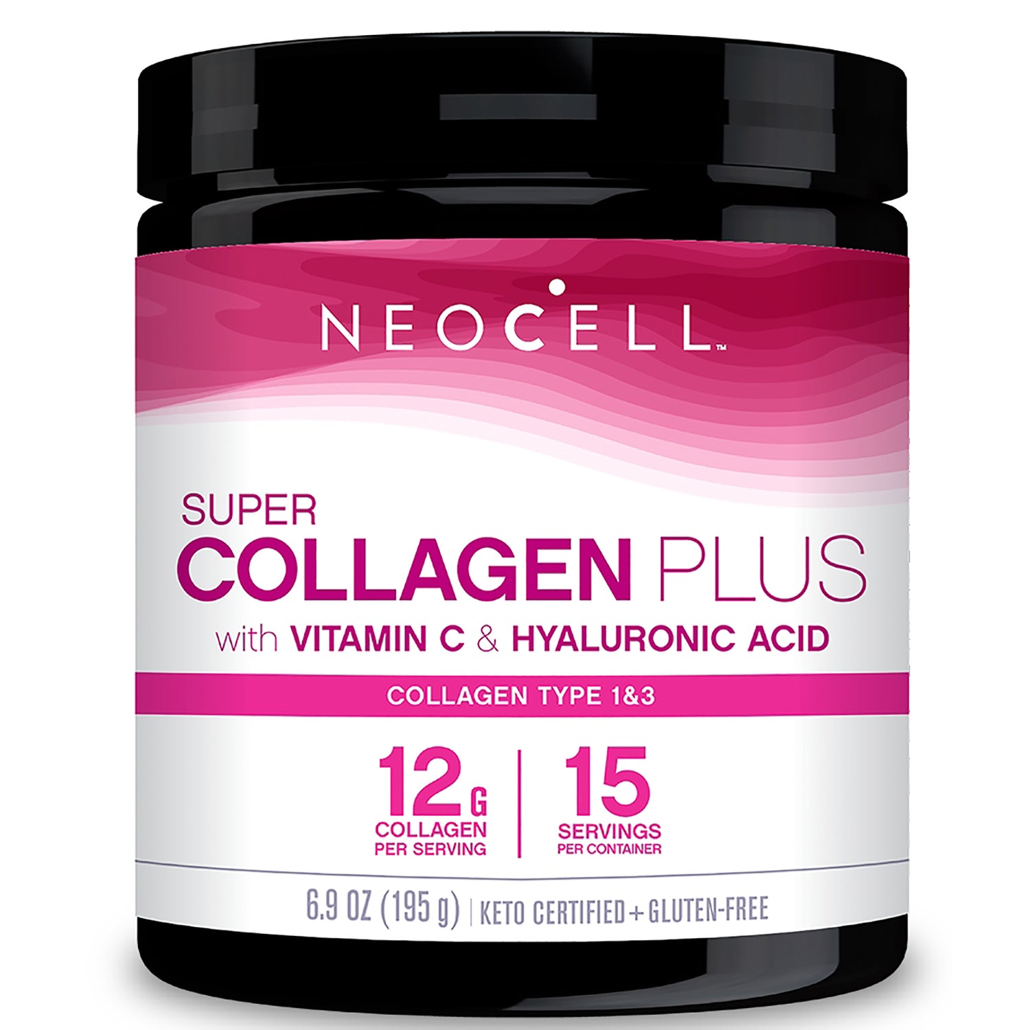 NEC025 | Neocell Super Collagen Plus jar front label with vitamin C and hyaluronic acid, 12 g collagen per serving