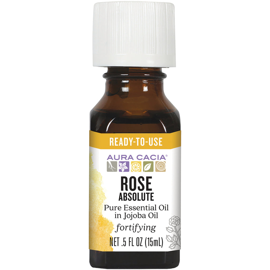 ARC038 | Amber glass bottle with white cap labeled AURA CACIA Rose Absolute pure essential oil in jojoba oil, .5 fl oz (15 mL) - Thumbnail