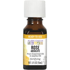 ARC038 | Amber glass bottle with white cap labeled AURA CACIA Rose Absolute pure essential oil in jojoba oil, .5 fl oz (15 mL)