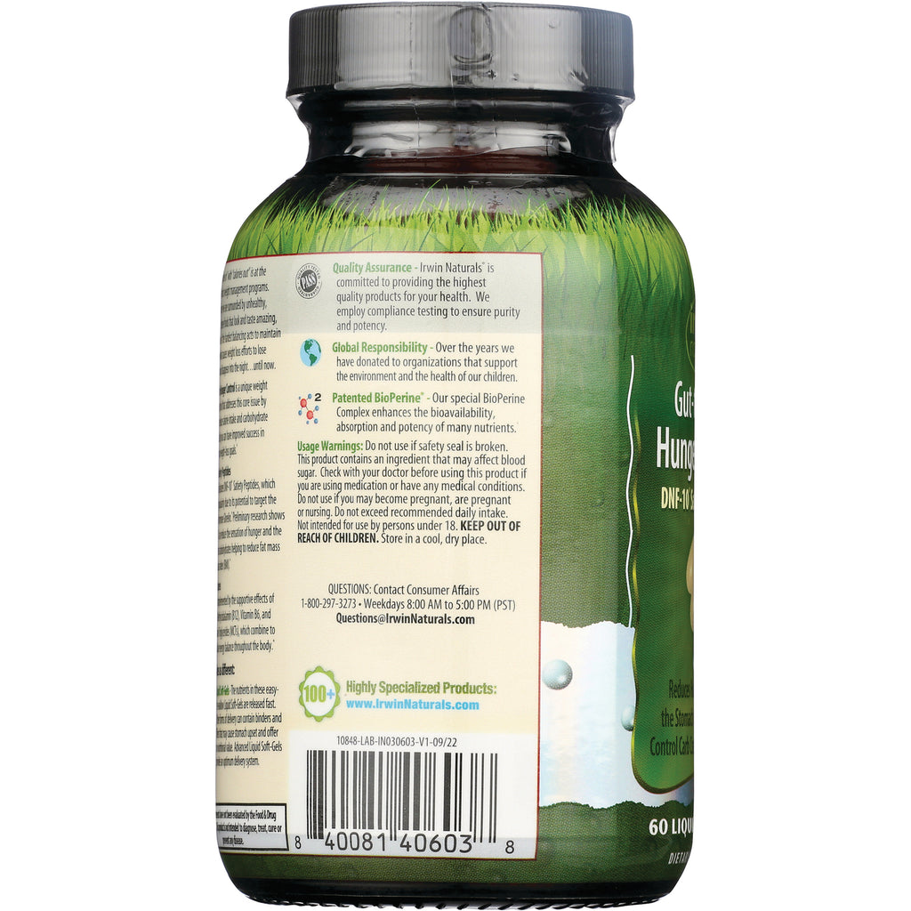 IR259 | Back label of green supplement bottle showing usage warnings, quality claims and barcode - Thumbnail