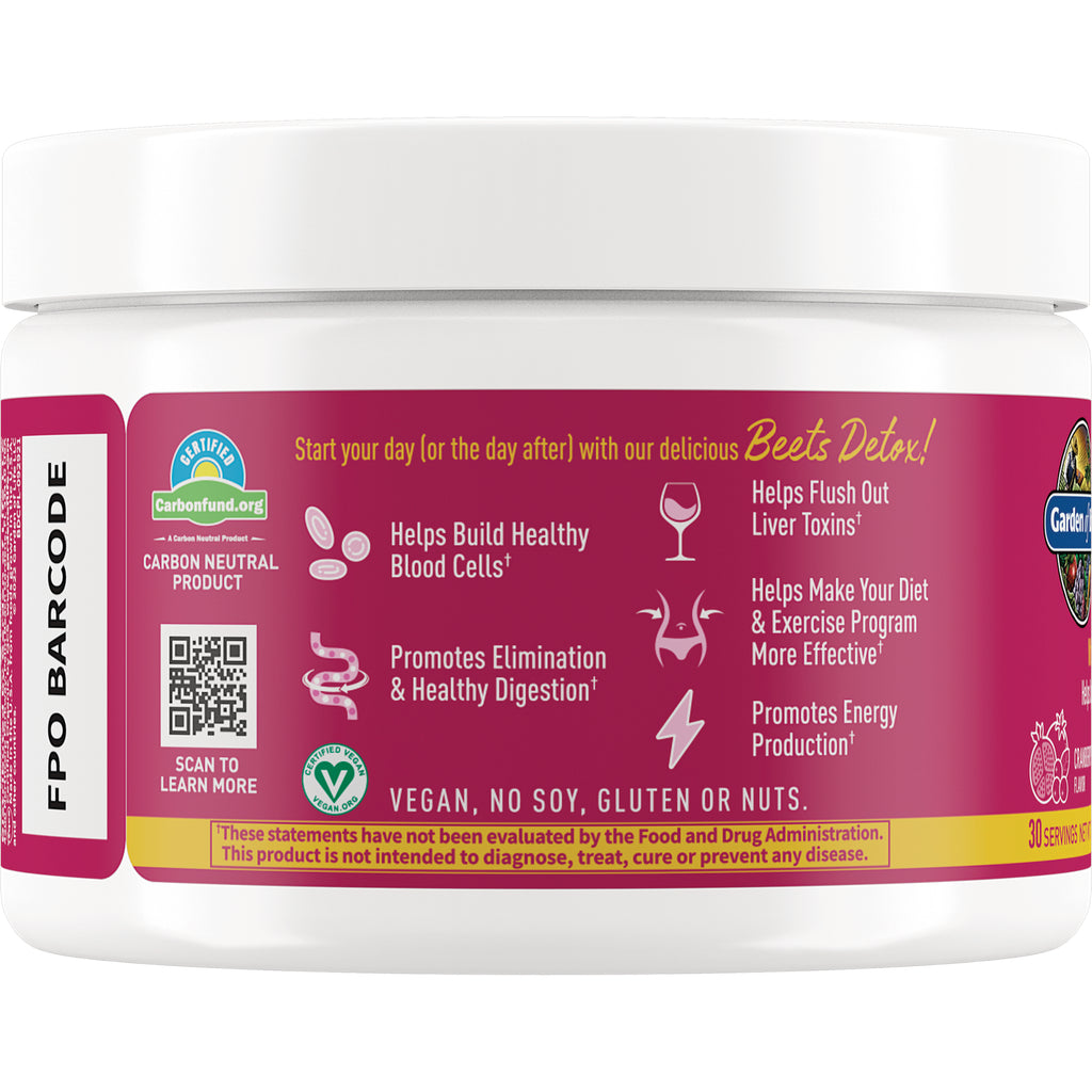 GLF353 | Back label of supplement jar listing benefits: helps build healthy blood cells, promotes digestion, flushes liver toxins; vegan, no soy, gluten or nuts - Thumbnail