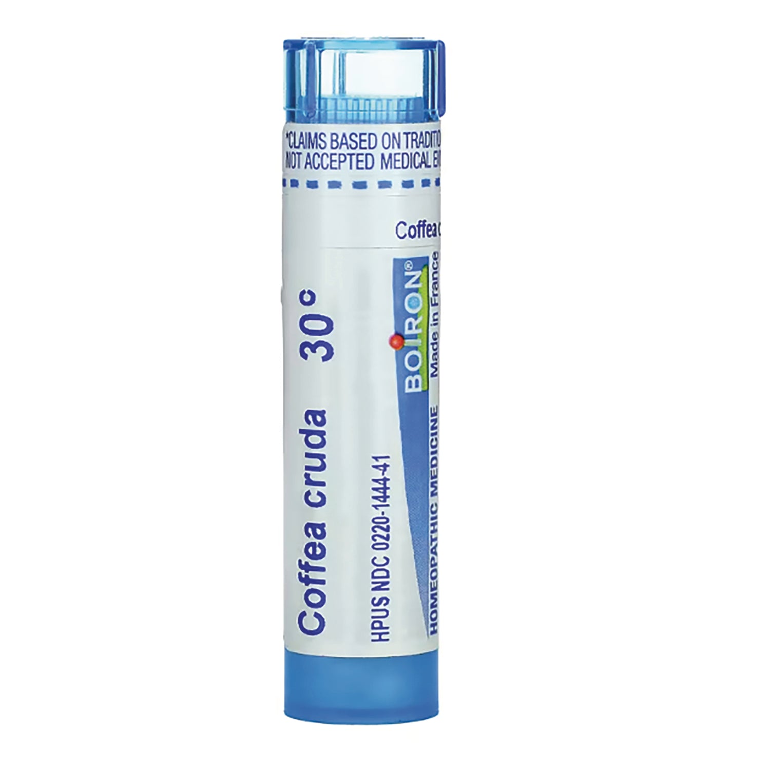 BRN060 | tube of Coffea cruda 30C homeopathic pellets with blue cap and front label visible