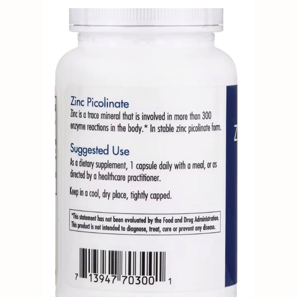 ARG027 | Back of white supplement bottle label showing Zinc Picolinate heading, suggested use directions, disclaimer and barcode - Thumbnail