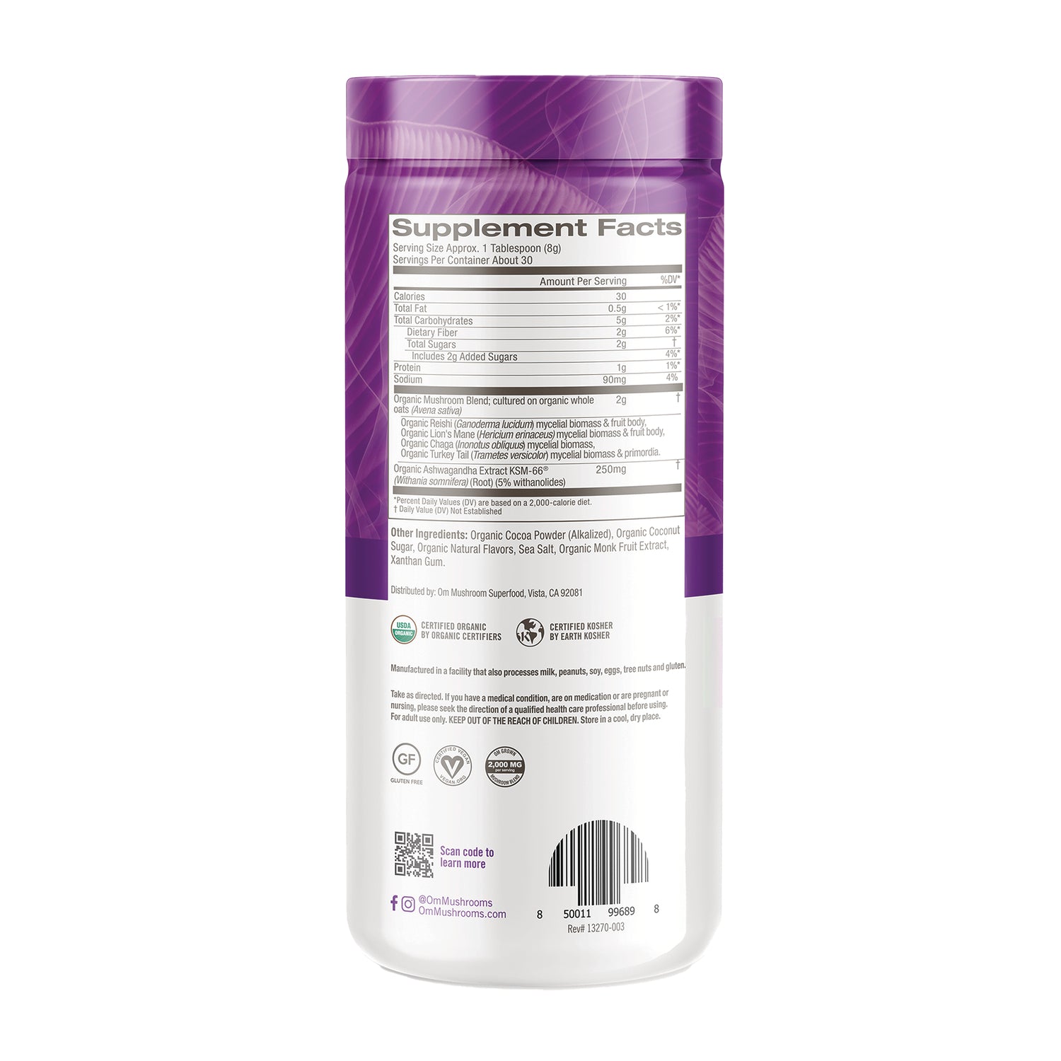 MMX051 | back label of purple supplement jar showing Supplement Facts panel, ingredients, certifications, and barcode