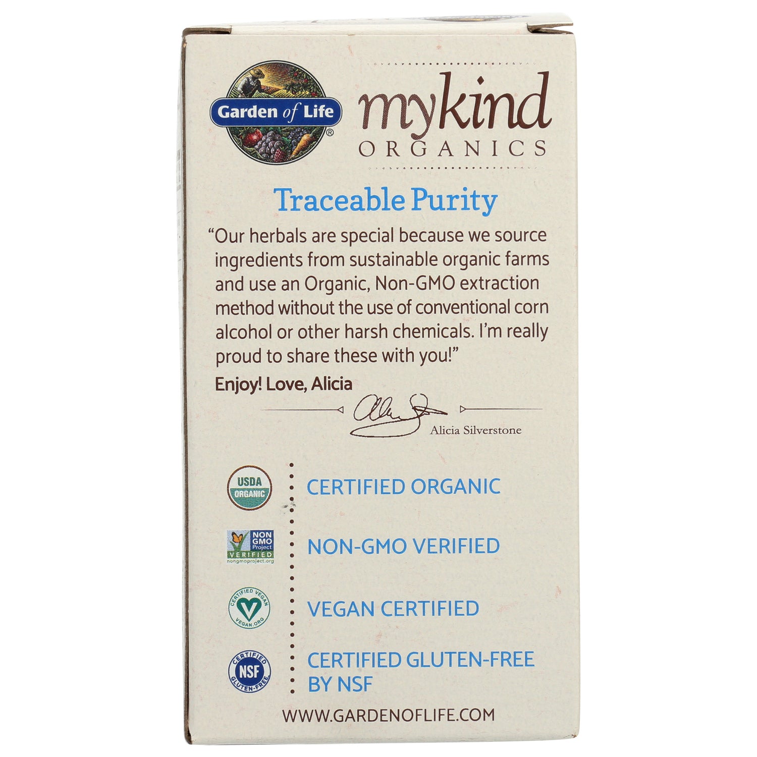 GLF257 | Back of Garden of Life mykind Organics box with Traceable Purity and organic, non-GMO, vegan, gluten-free seals