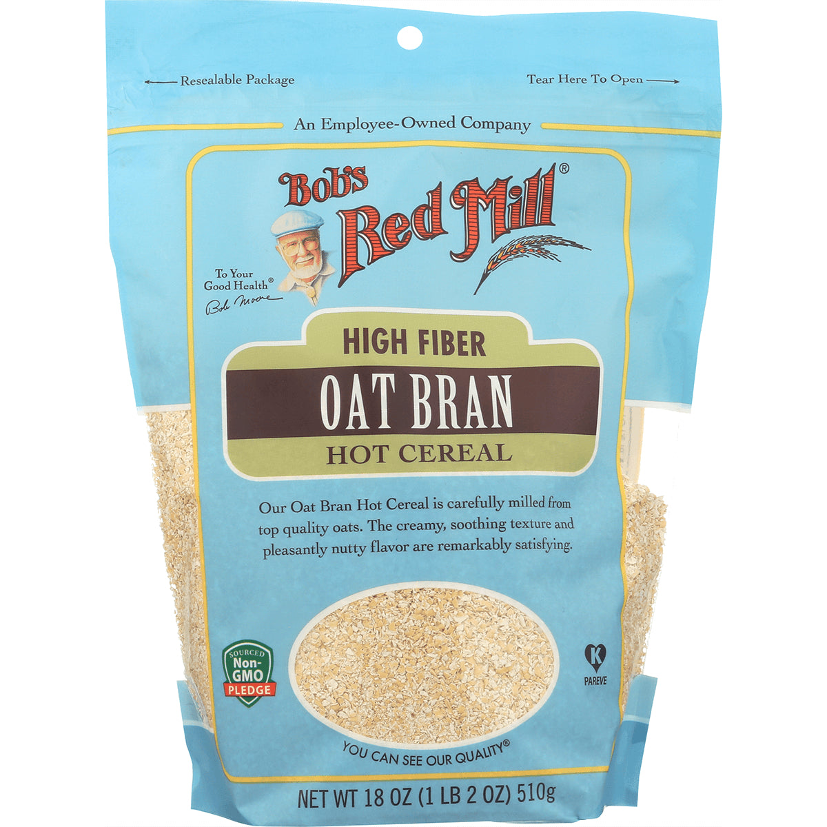 BOB308 | Bob's Red Mill high fiber Oat Bran hot cereal bag front with clear window showing bran
