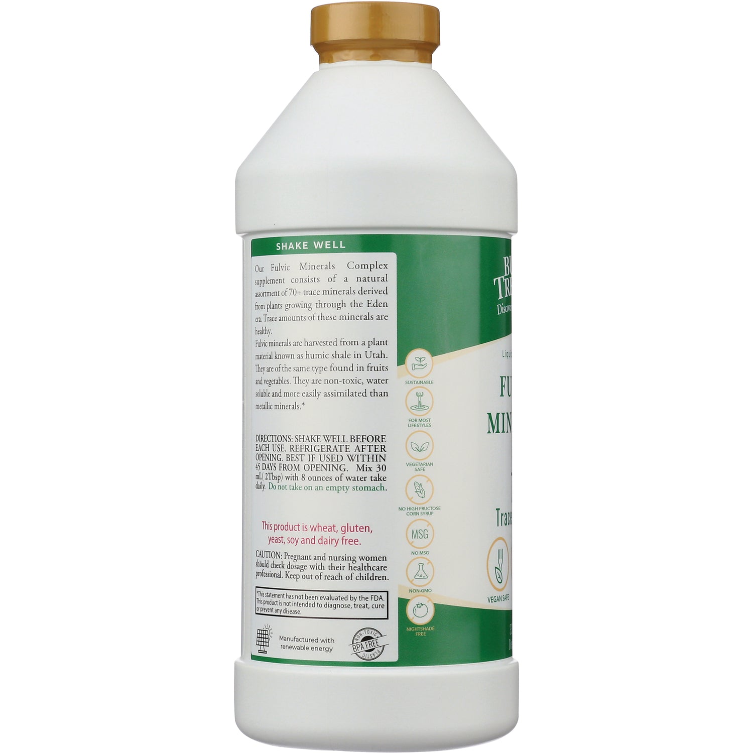 BTR029 | back label of white supplement bottle showing directions, ingredients, icons and SHAKE WELL header