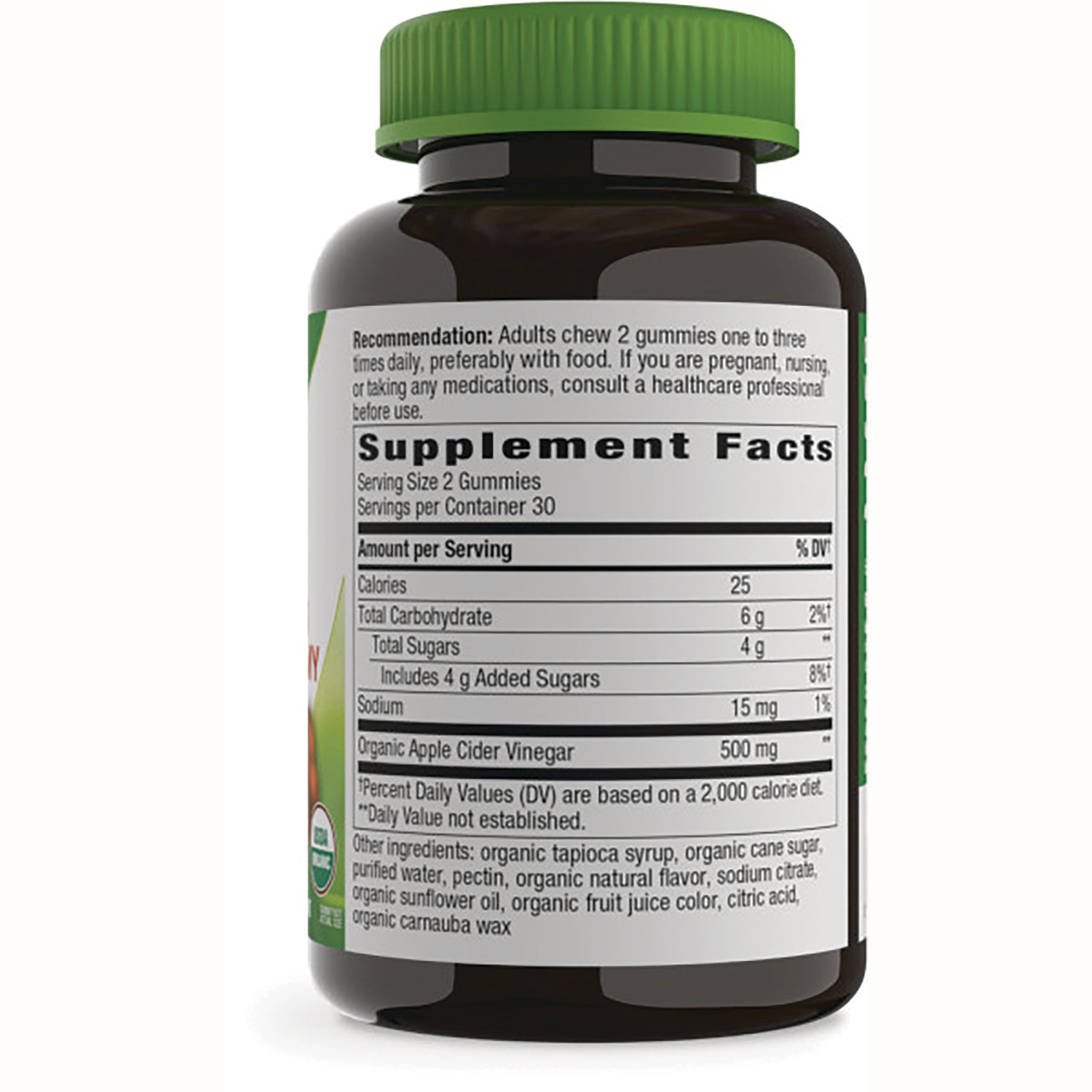 NW1022 | back label with Supplement Facts panel listing serving size 2 gummies and organic apple cider vinegar 500 mg