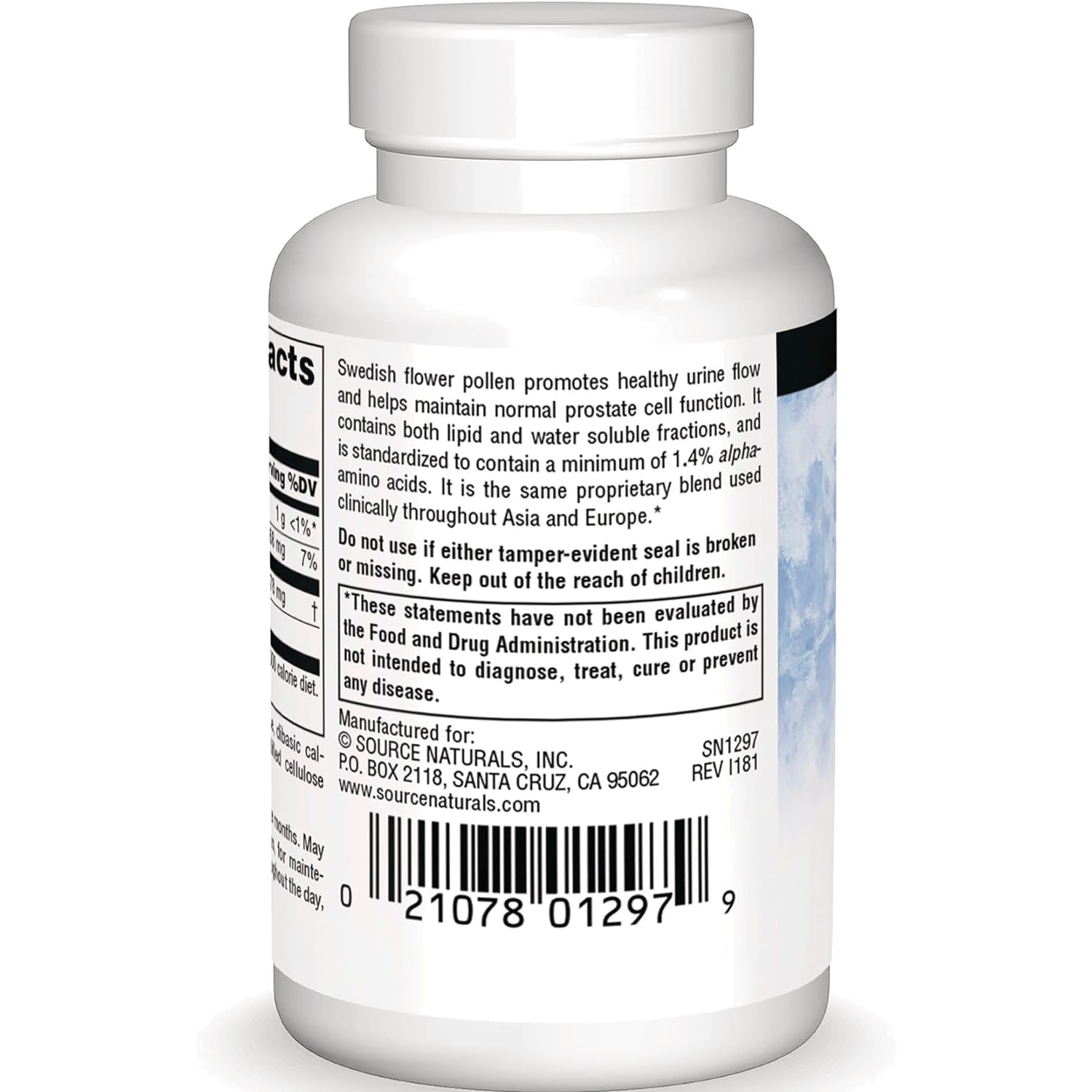 SN266 | Supplement bottle back label with directions, warnings, FDA statement, and barcode