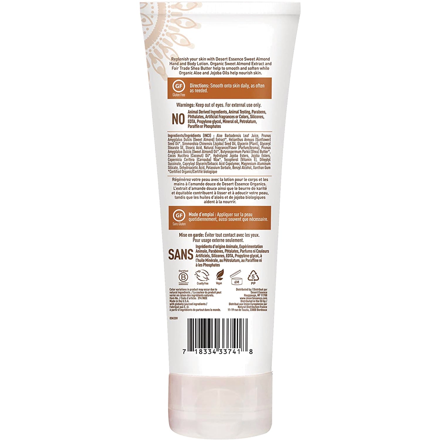 DST045 | back of white lotion tube showing ingredients, warnings, usage directions, icons and barcode