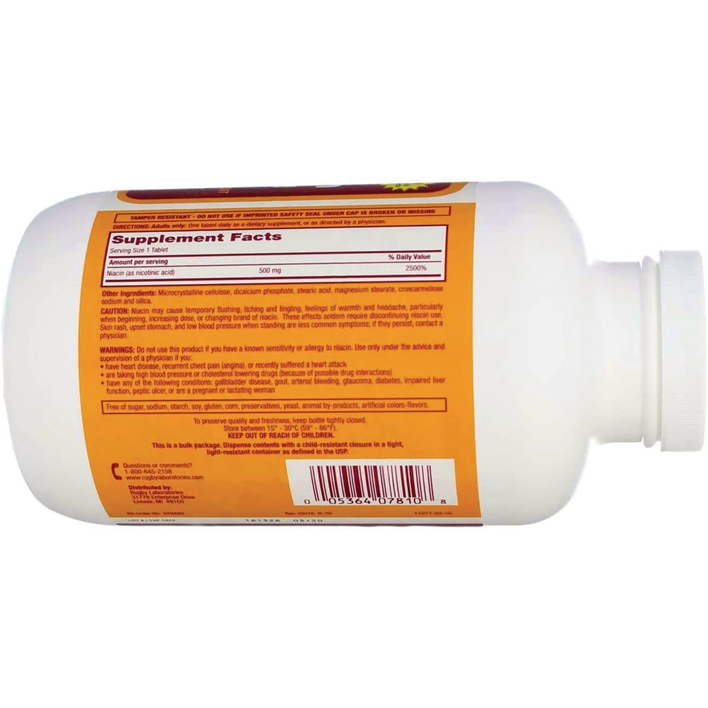WAT035 | Back label showing Supplement Facts for Niacin 500 mg, serving size 1 tablet, warnings, and barcode - Thumbnail