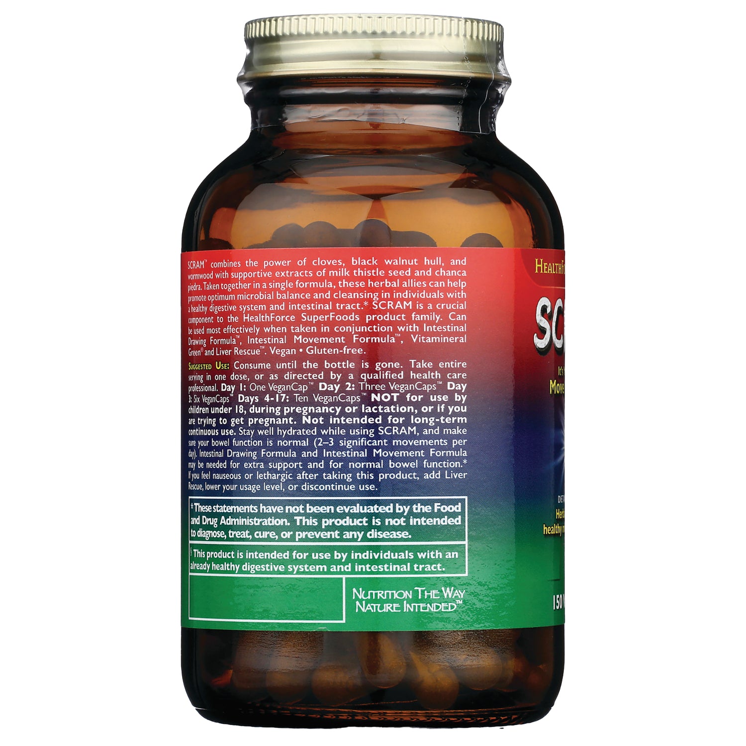 HFC006 | Back label of amber supplement bottle showing ingredients, usage directions, and warning text
