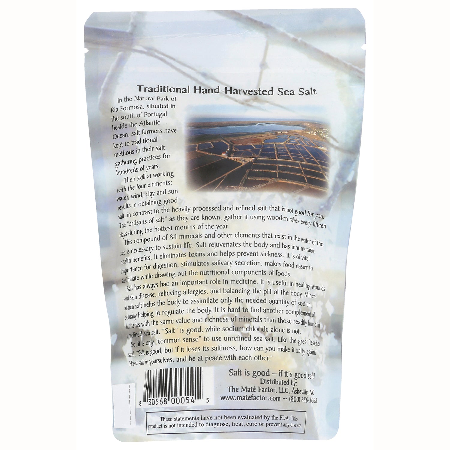 MTF011 | back of resealable pouch showing Traditional Hand-Harvested Sea Salt description, barcode and distributor info