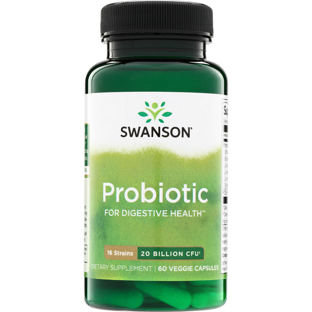 SWA034 | Swanson Probiotic bottle front, For Digestive Health, 16 strains, 20 billion CFU, 60 veggie capsules - Thumbnail