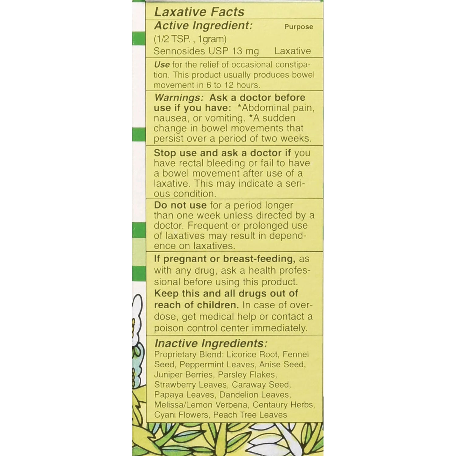 SKR004 | back panel displaying Laxative Facts, active ingredient Sennosides USP 13 mg, warnings and inactive ingredients