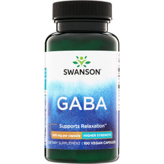 SW872 | Swanson GABA supplement bottle front, 500 mg per capsule, Higher Strength, 100 vegan capsules