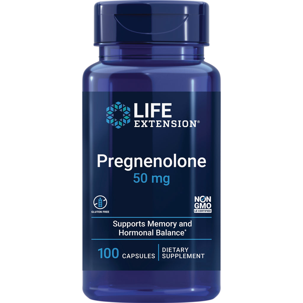 LE136 | Life Extension Pregnenolone 50 mg supplement bottle with blue label showing 100 capsules - Thumbnail