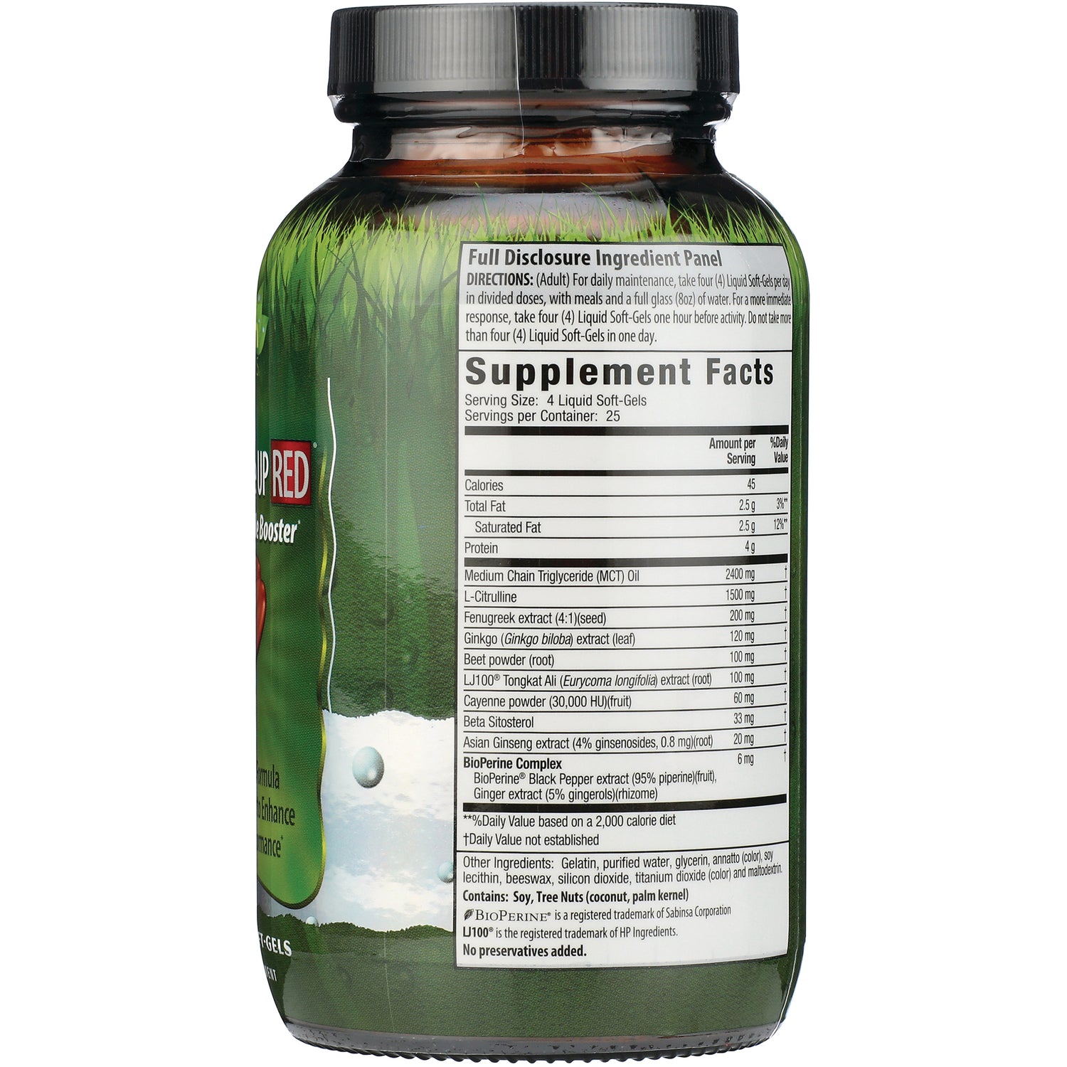 IR265 | Supplement facts panel and ingredient list on back of green supplement bottle