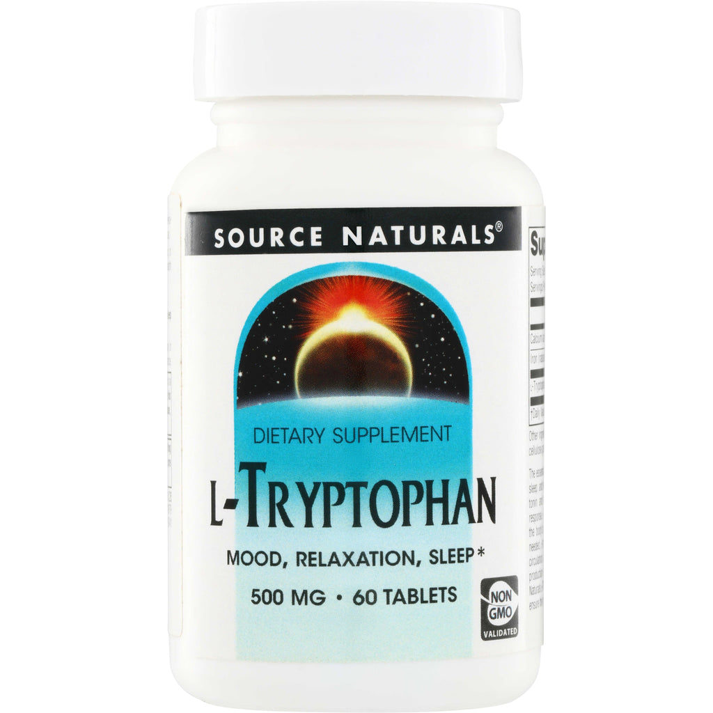 SN388 | Source Naturals L-Tryptophan 500 mg, 60 tablets dietary supplement bottle, Non-GMO validated - Thumbnail