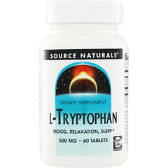 SN388 | Source Naturals L-Tryptophan 500 mg, 60 tablets dietary supplement bottle, Non-GMO validated