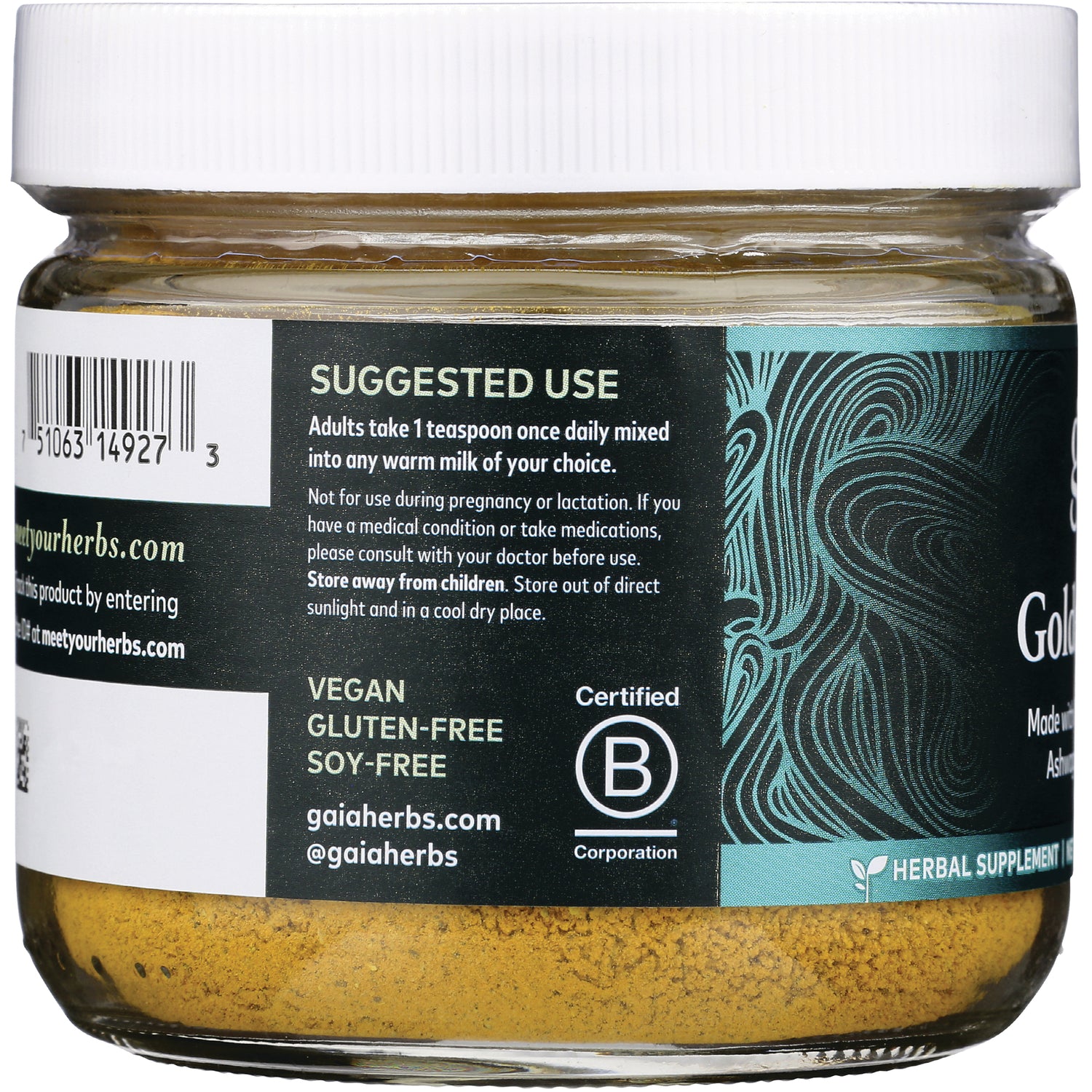 GH117 | Back label showing suggested use instructions, vegan gluten-free soy-free badges, Certified B logo, and jar of golden powder