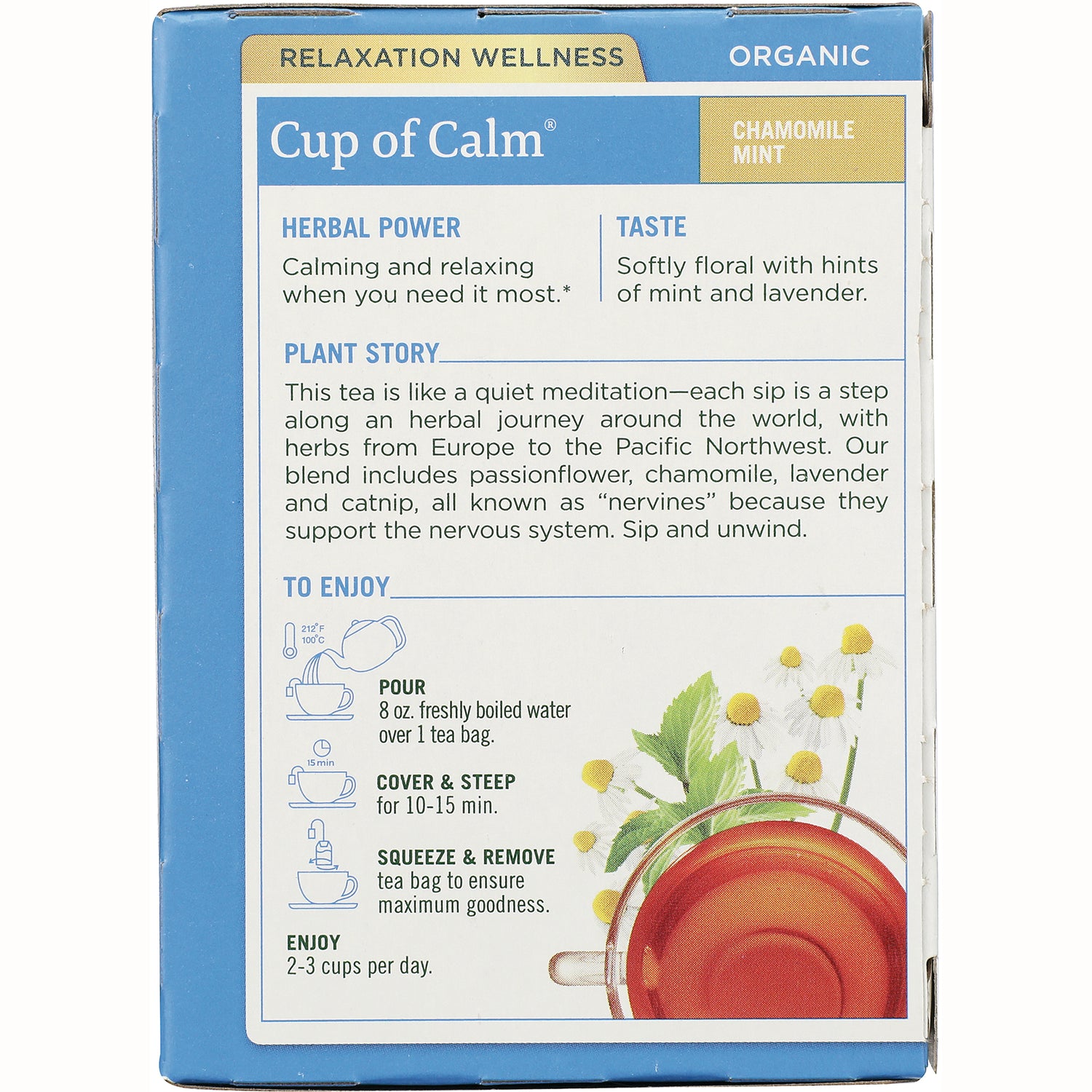 TMD015 | Back of Cup of Calm Chamomile Mint tea box with Herbal Power, Taste, Plant Story, and brewing directions