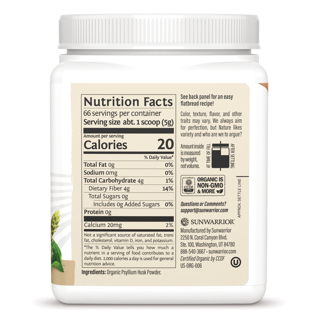 SNW068 | Back label with Nutrition Facts for organic psyllium husk powder; serving size 1 scoop (5g), 20 calories - Thumbnail