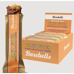 BAE004 | Barebells Peanut Butter protein bar in wrapper beside open display box reading Peanut Butter